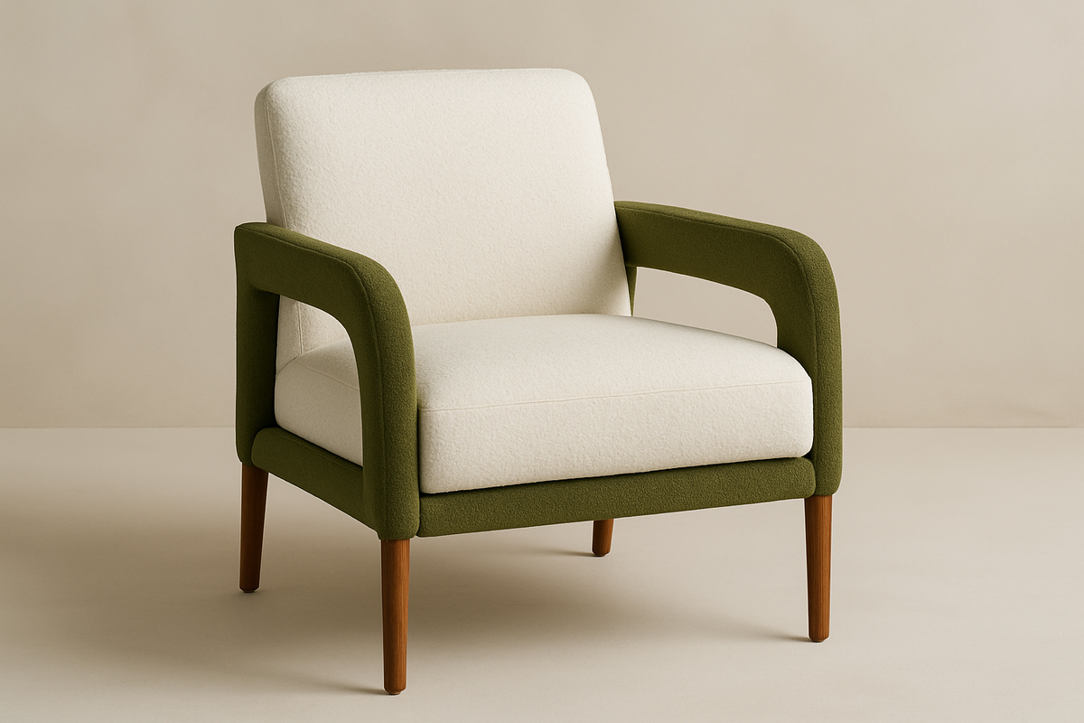 A chair with white fabric and green arms