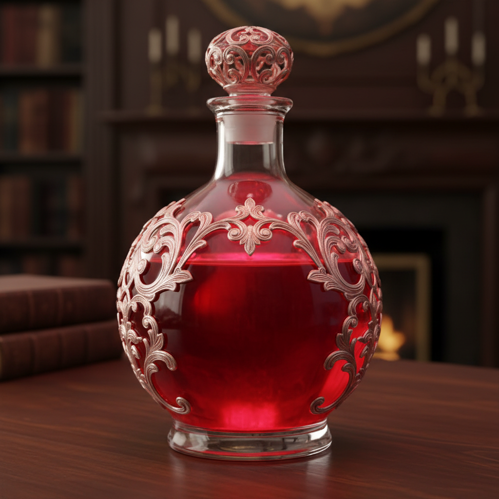 A rounded glass decanter filled with vibrant red liquid, decorated with intricate silvery-pink baroque filigree