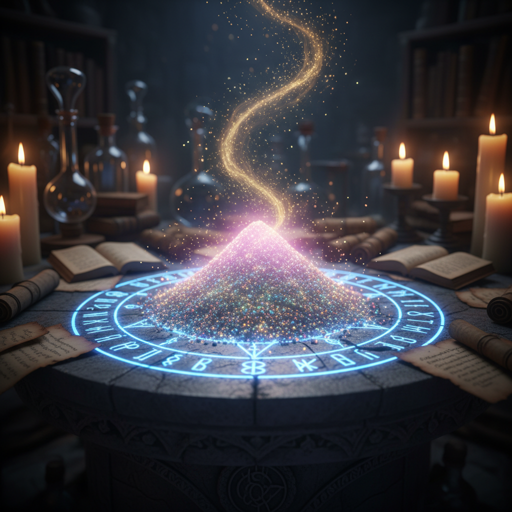 Luminous mound of ethereal pixie dust in iridescent white and pink on a runic stone altar, surrounded by glittering sparks and swirling golden mists with flickering candles in the background