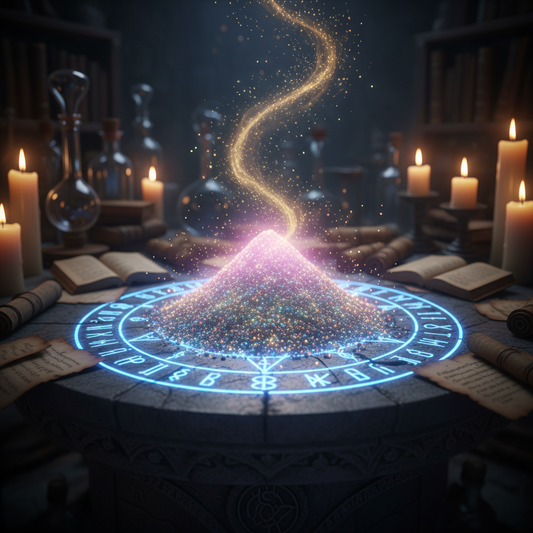 Luminous mound of ethereal pixie dust in iridescent white and pink on a runic stone altar, surrounded by glittering sparks and swirling golden mists with flickering candles in the background