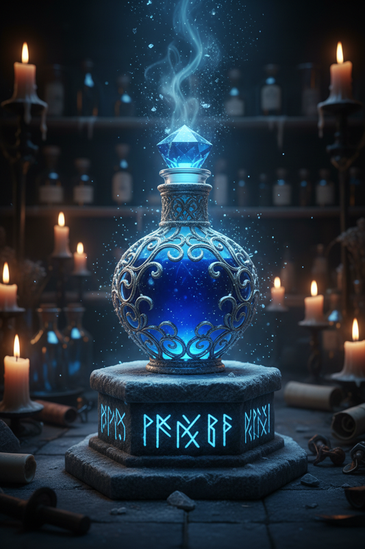 Cold Resistance Potion — icy sapphire-blue glowing bottle in frost-covered silver filigree with blue crystalline topper on a runic stone pedestal, surrounded by freezing mist and crystalline sparkles