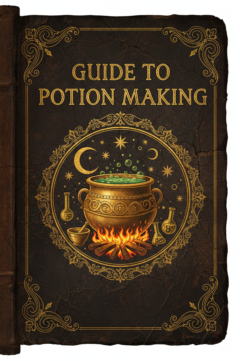 Guide to Potion Making book cover — dark leather with gold filigree, gilded cauldron, crescent moon and stars, Dark Academia aesthetic