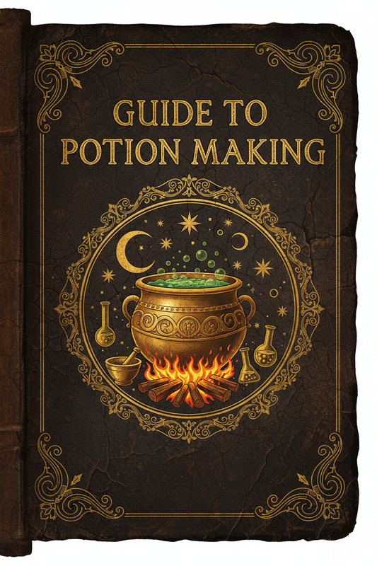 Guide to Potion Making book cover — dark leather with gold filigree, gilded cauldron, crescent moon and stars, Dark Academia aesthetic
