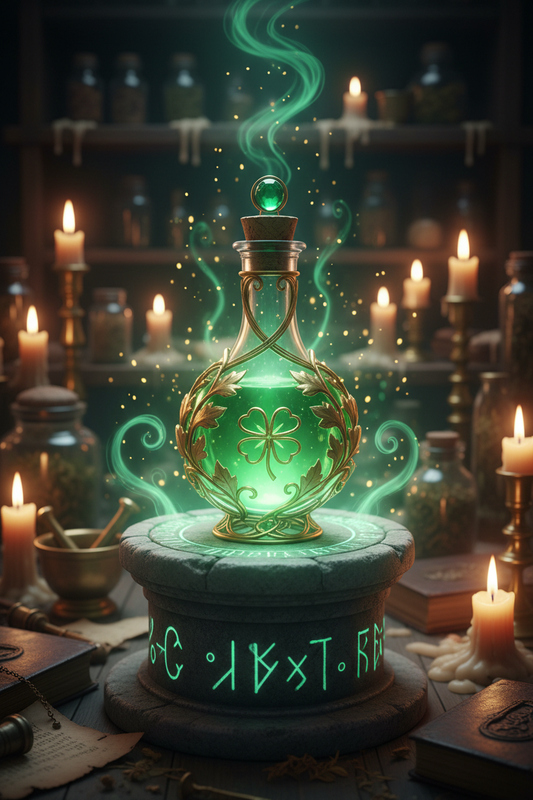 Luck Potion — vibrant clover-green glowing bottle in gold filigree with emerald gem stopper on a runic stone pedestal, surrounded by golden sparks and emerald mists