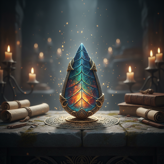 Iridescent wyvern scale on a weathered stone altar with runic engravings, mounted in ornate gold and silver, surrounded by golden embers and flickering candles