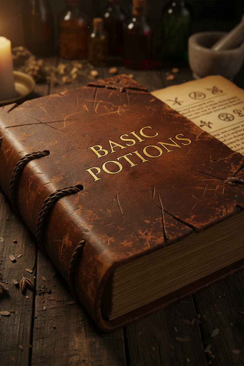 Basic Potions Recipe Book — dark leather-bound cover with gold embossed title and aged deckled pages