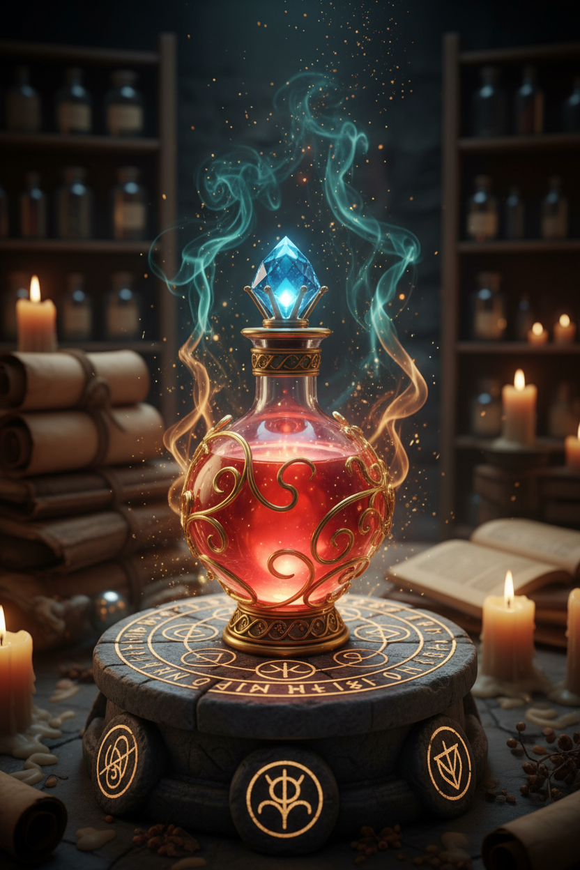 Ancient glowing red potion bottle on a runic stone pedestal with golden filigree, teal and amber magical smoke, candles and apothecary shelves in the background