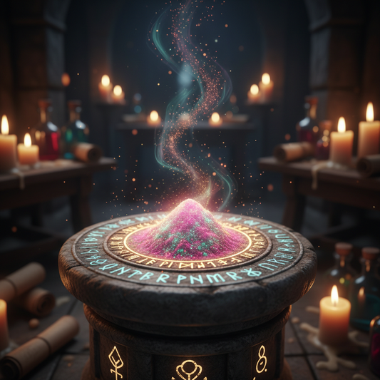 Glowing mound of iridescent fairy dust in pink, teal and gold on a runic stone pedestal, surrounded by sparkling embers and ethereal mist with flickering candles in the background